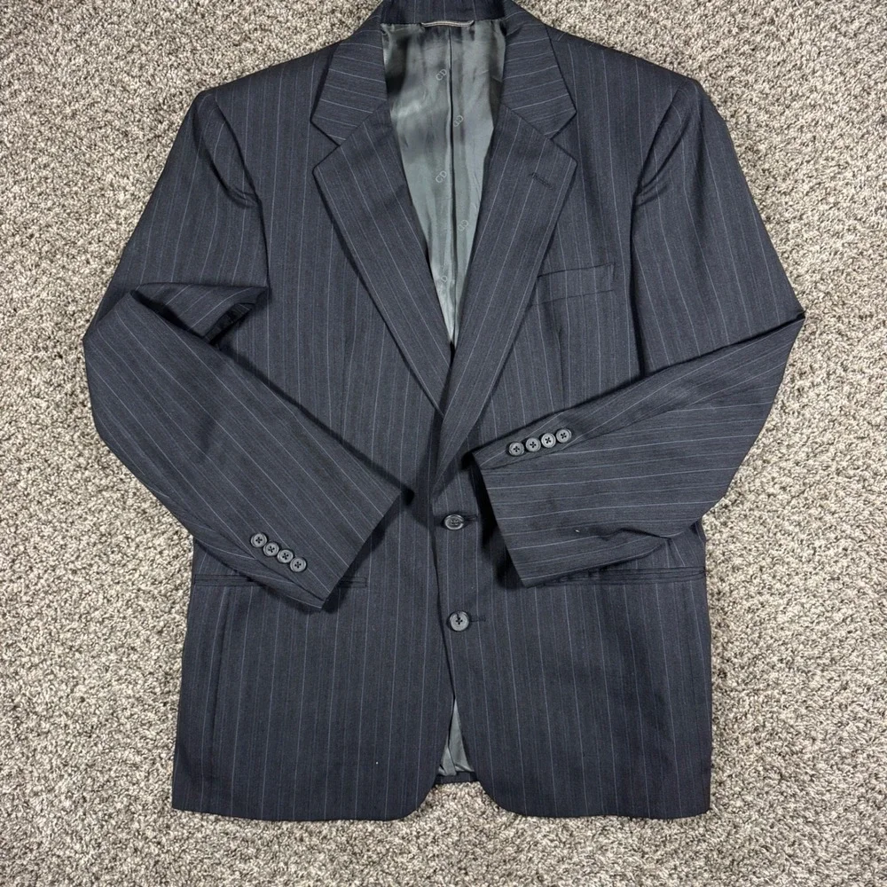Vintage Christian Dior 41R Pinstripe Blazer Mens Charcoal Grey Wool Suit
